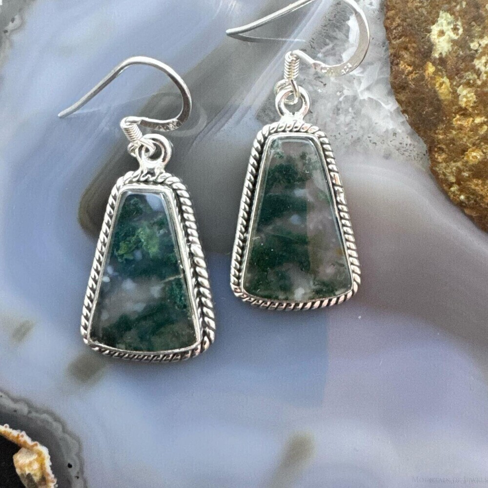 Sterling Southwestern Style Trapezoid Moss Agate Dangle Earrings For Women